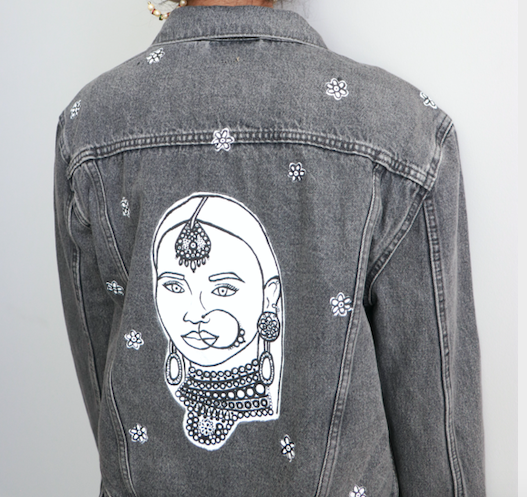 Black and White Line Drawing Rani Denim Jacket