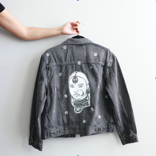 Black and White Line Drawing Rani Denim Jacket