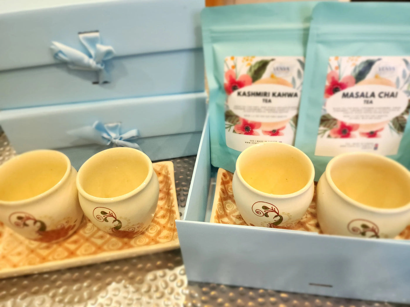 Tea Cups with Tray & Teas Gift Set