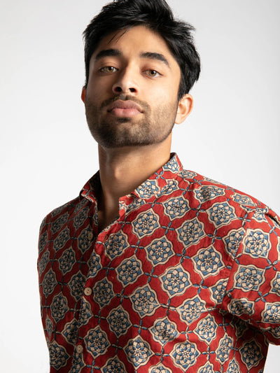 Slim Fit Block Printed Cotton Shirt - Farsh Red