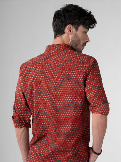 Regular Fit Block Printed Cotton Shirt - Chaman Red