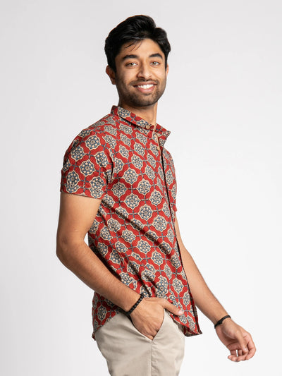 Slim Fit Block Printed Cotton Shirt - Farsh Red