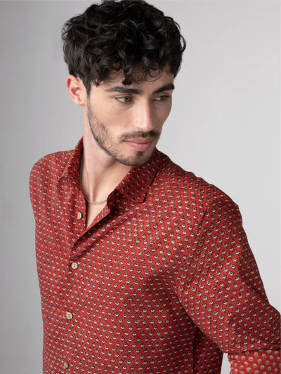 Regular Fit Block Printed Cotton Shirt - Chaman Red